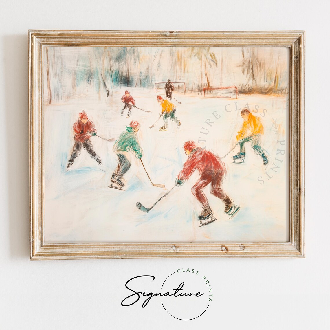 Children Playing Ice Hockey On A Frozen Winter Pond Scene Poster