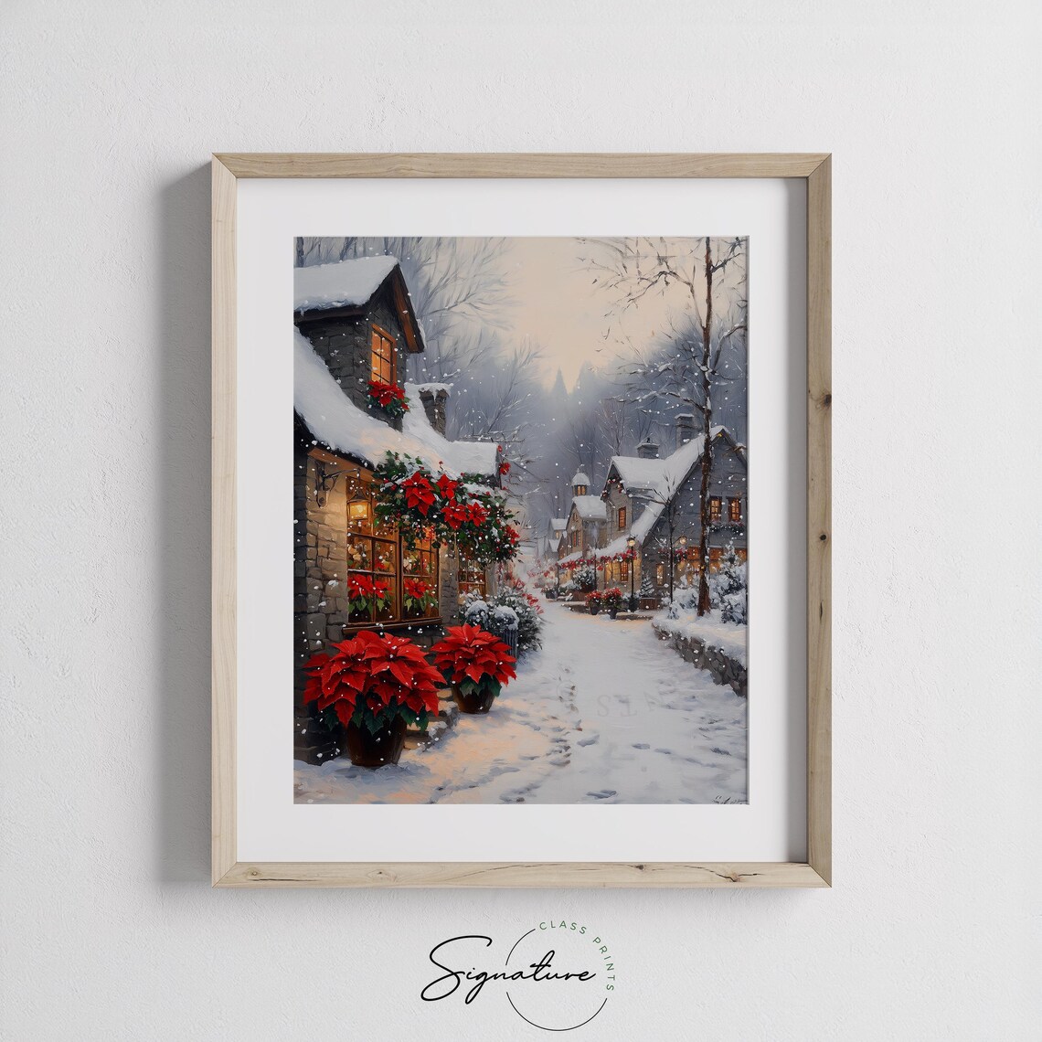 Poinsettia Flower Shop on a Snowy Village Street Christmas Poster - Image 2