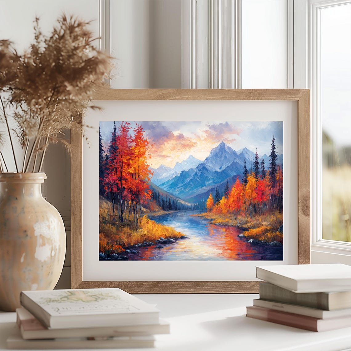 Sunset Mountain Lake Autumn Trees Oil Painting Reflection Poster - Image 2