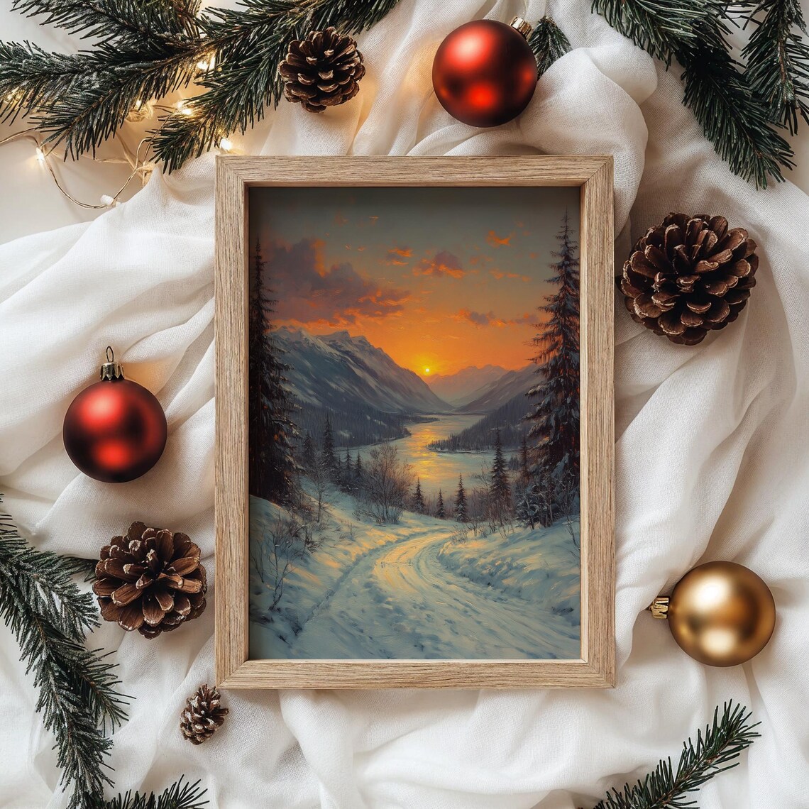 Sunset Reflecting On A Lake Between Snowy Peaks Oil Painting Style Poster - Image 4