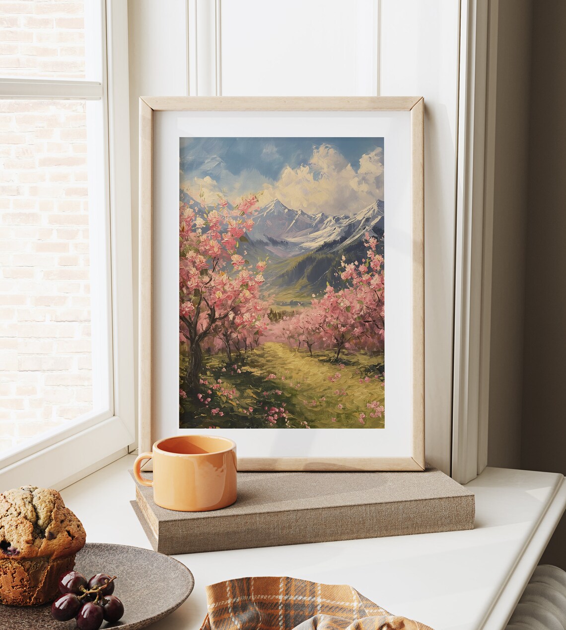 Pink Blossom Orchard Golden Meadow Spring Snowy Mountain Poster - Image 6