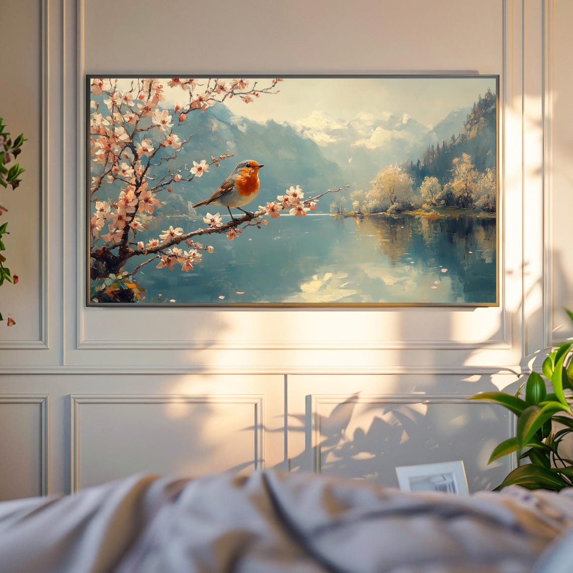 Robin On Blossom Branch Over Calm Mountain Lake Spring Poster - Image 4