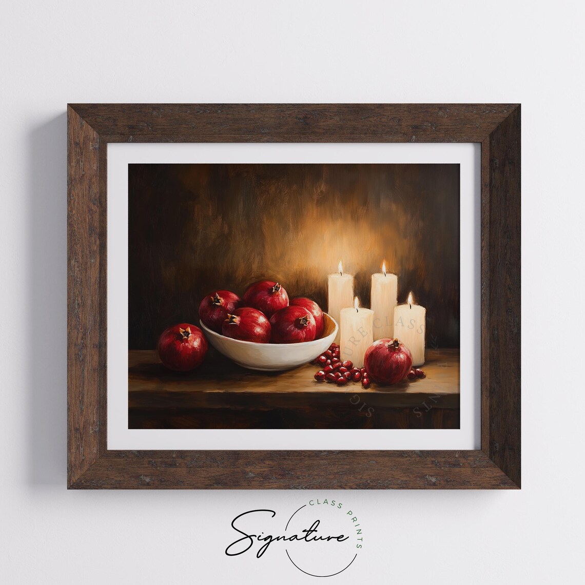Rustic Bowl Of Pomegranates And Candles Moody Christmas Wall Art Festive Farmhouse Winter Decor Vintage Holiday Painting 2717 - Image 5