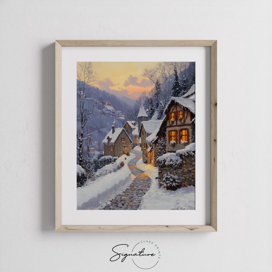 Alpine Winter Village at Dusk Snowy Cobblestone Street Poster - Image 2