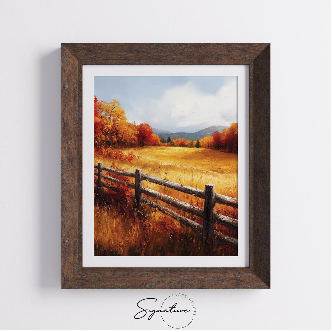Autumn Meadow with Wooden Fence and Distant Mountain View Poster - Image 4