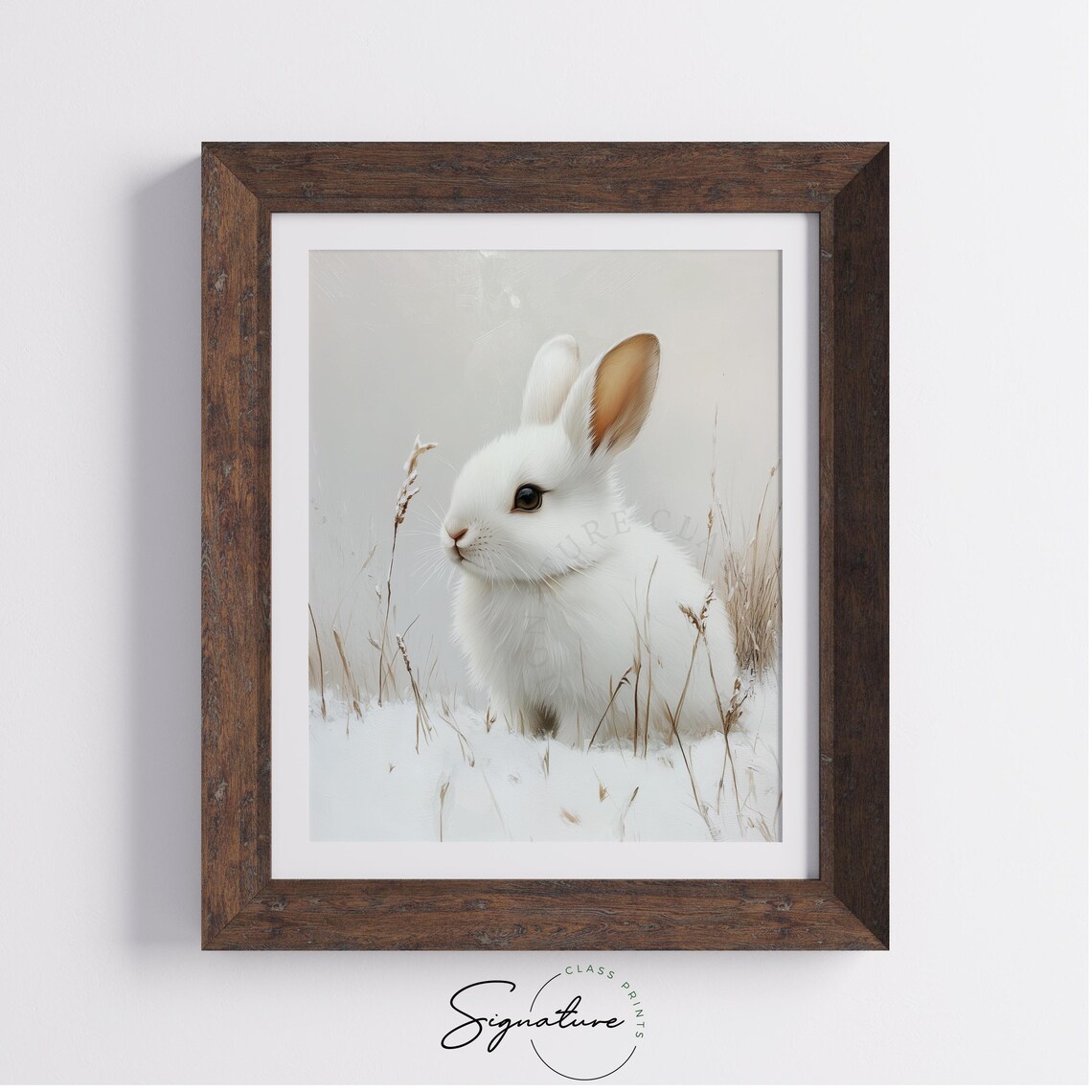 White Rabbit In Snowy Meadow With Winter Grasses Animal Art Poster - Image 2