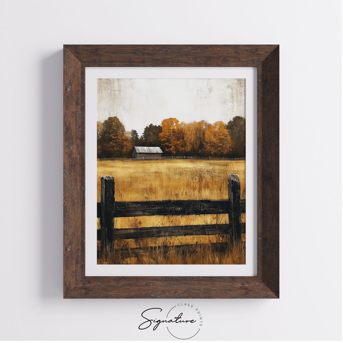 Rustic Old Barn Behind Dark Wooden Fence in Golden Field Poster - Image 4