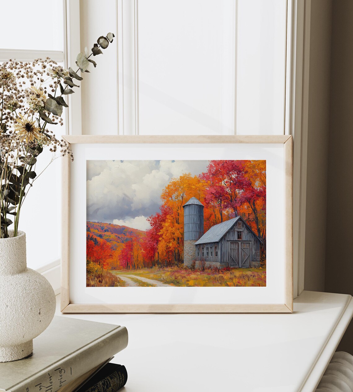 Gray Barn and Stone Silo Among Vivid Red Autumn Foliage Poster - Image 6