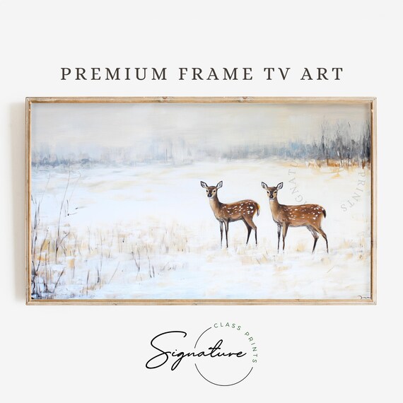 Two Spotted Deer in Snowy Field Misty Winter Morning Scene Poster
