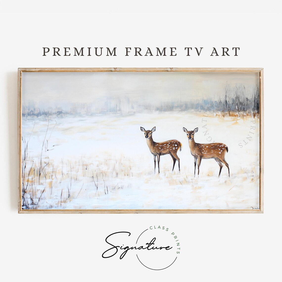Two Spotted Deer in Snowy Field Misty Winter Morning Scene Poster