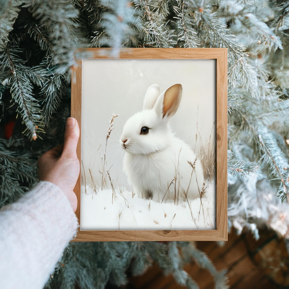 White Rabbit In Snowy Meadow With Winter Grasses Animal Art Poster - Image 6