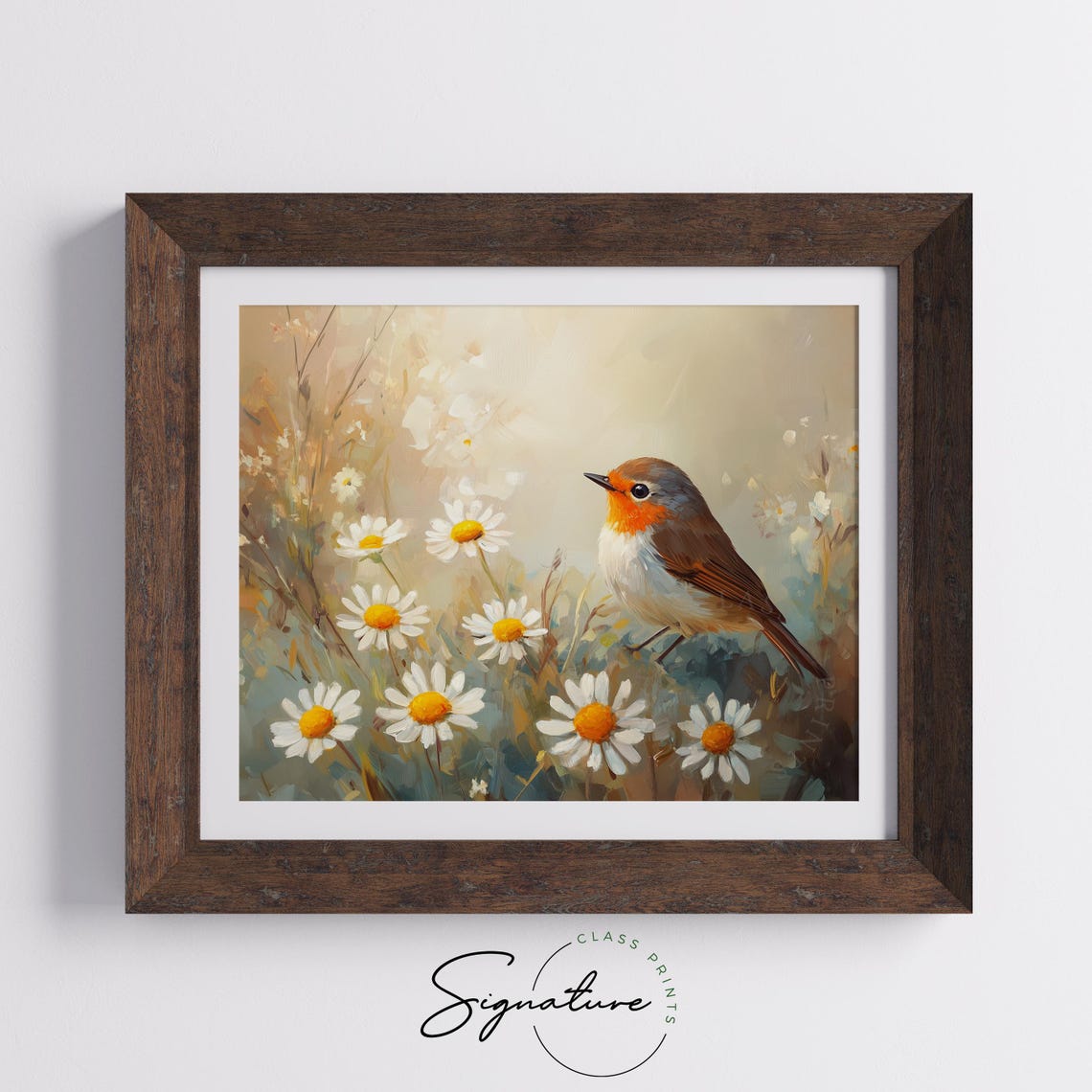Sunlit Robin Among White Daisies Warm Golden Spring Bird Wall Art - Image 5