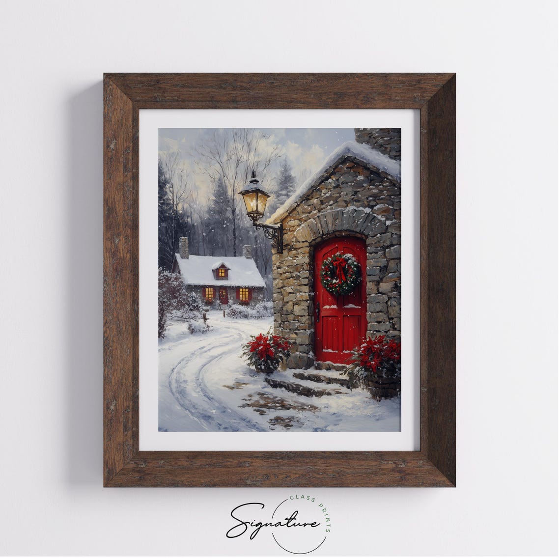 Stone House with Red Door Wreath and Lantern in Snow Christmas Poster - Image 3
