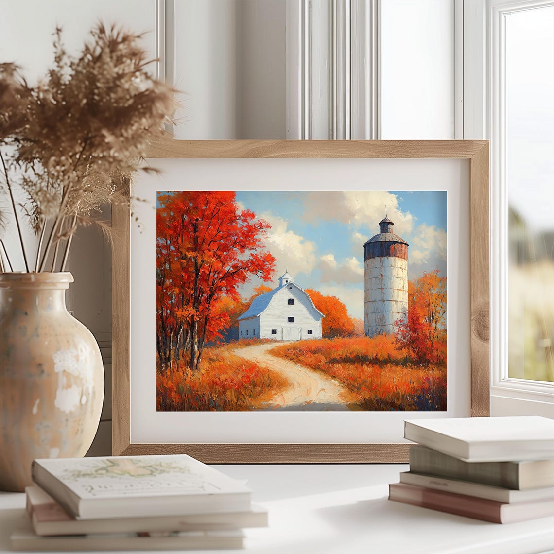 White Barn And Silo Surrounded By Fiery Red Autumn Trees Poster - Image 2