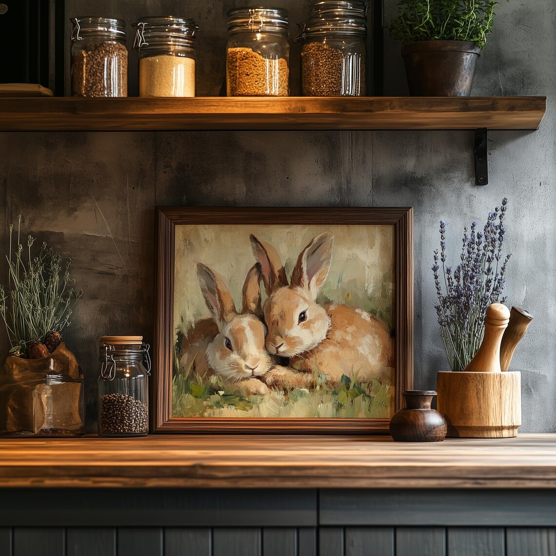 Two Rabbits Cuddling in Meadow Spring Bunny Pair Oil Painting Poster - Image 2