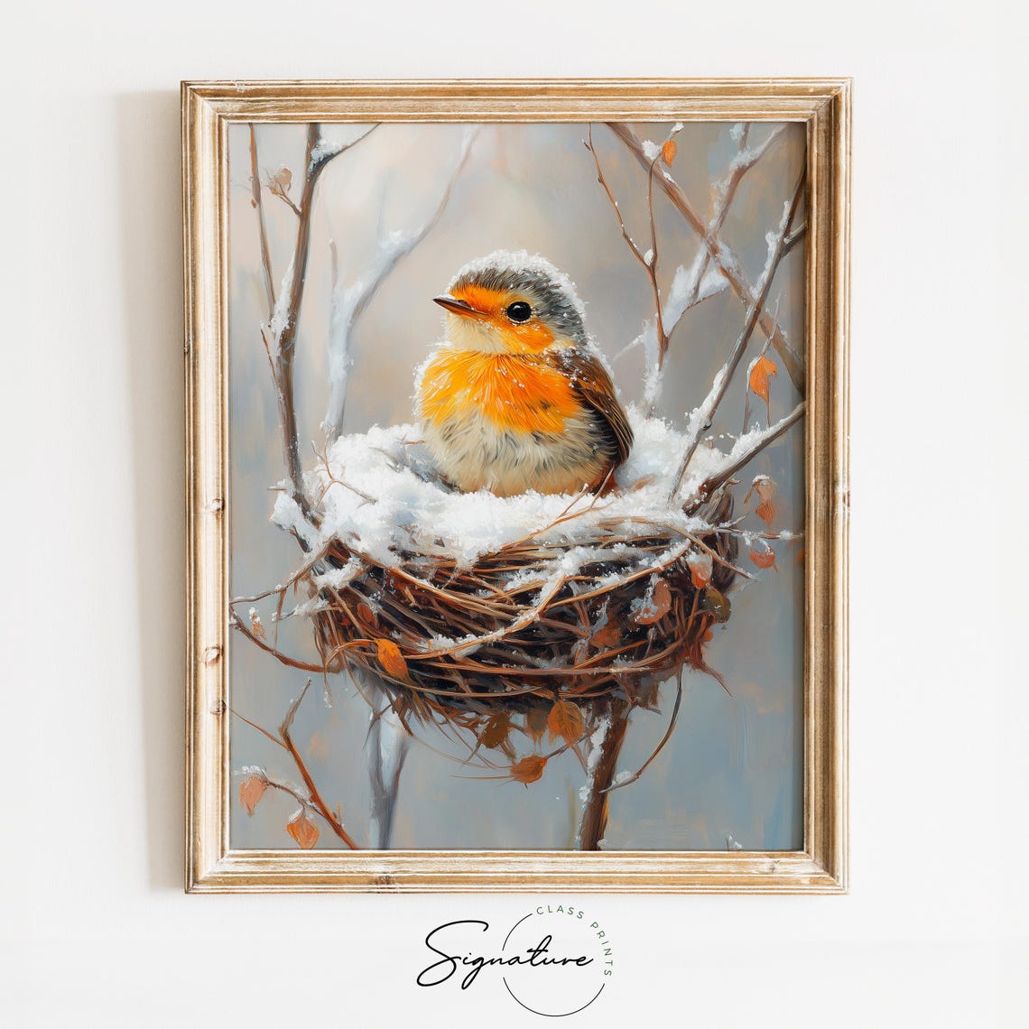 Baby Robin In Snowy Nest With Winter Branches Sweet Bird Art Poster