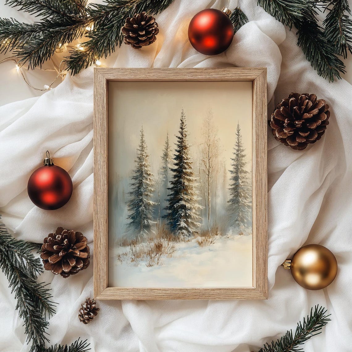 Four Frosted Pines in Misty Soft Winter Morning Forest Poster - Image 4