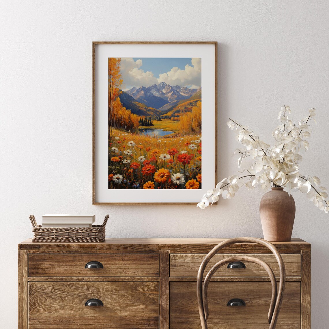 Wildflower Meadow Alpine Lake Snowy Peaks Landscape Painting Print - Image 5