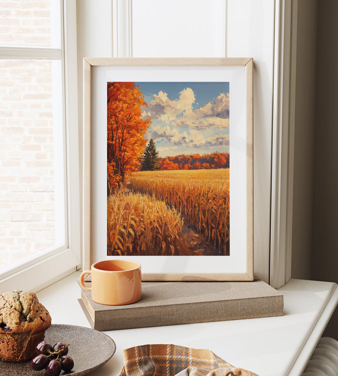 Golden Cornfield Path Bordered By Blazing Red Autumn Trees Poster - Image 6