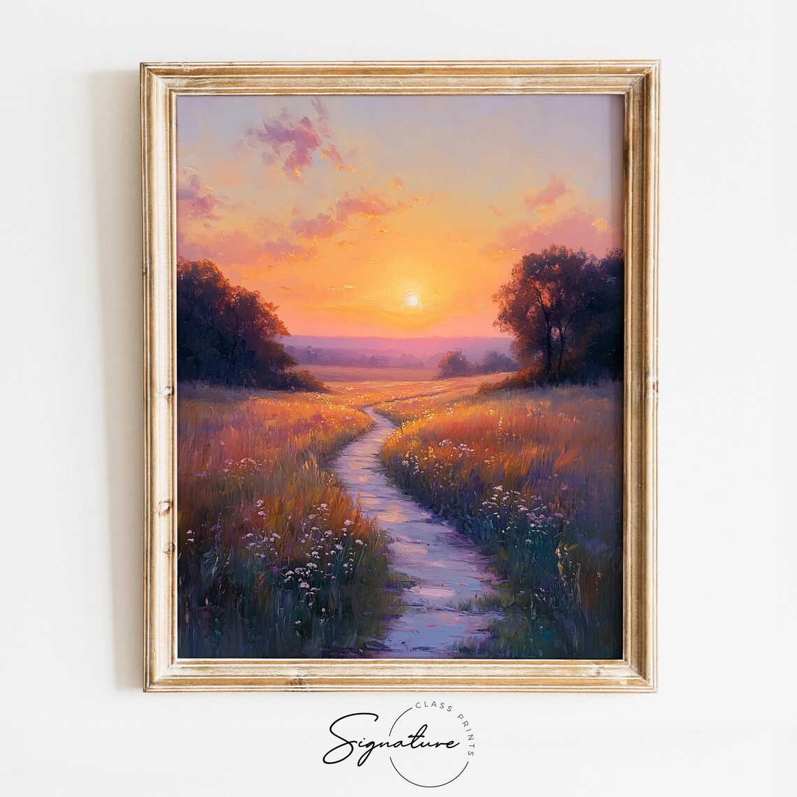 Golden Sunset Meadow With A Winding Stream Through Wildflowers Poster