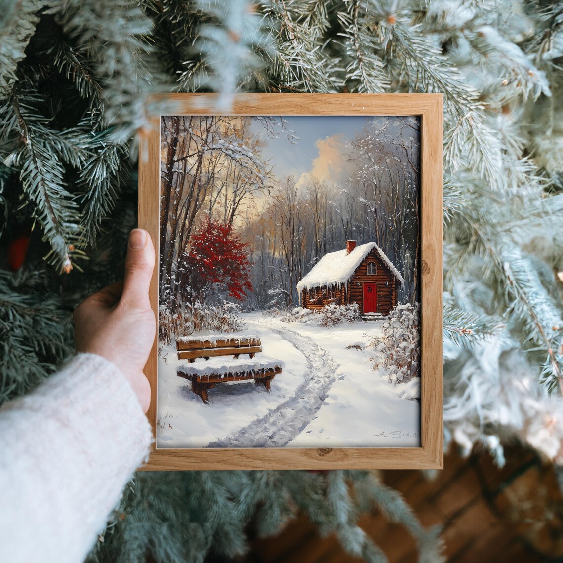 Red Log Cabin in Snowy Woods with Wooden Bench Winter Scene Poster - Image 6