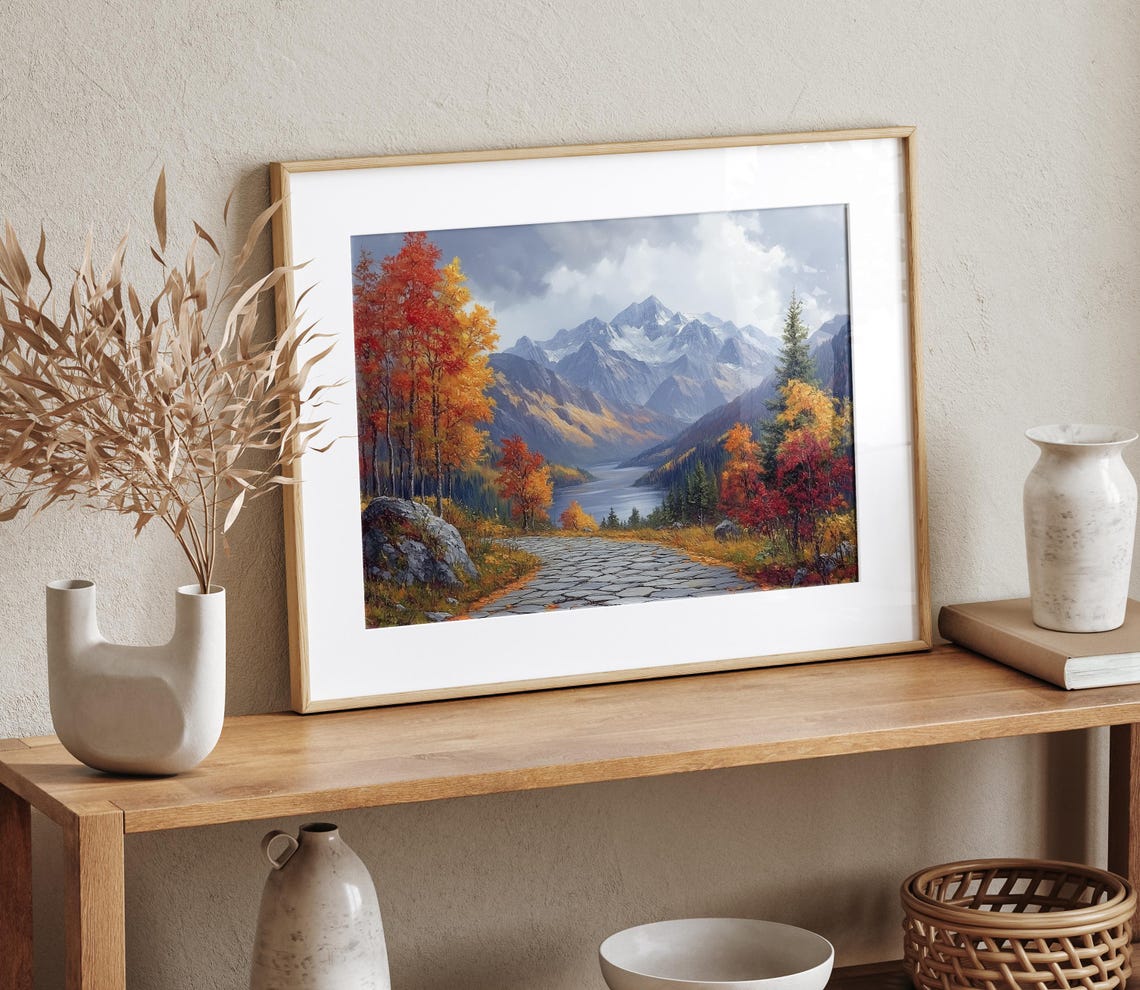 Autumn Cobblestone Lane Mountain Lake View Fall Scenic Wall Art - Image 4