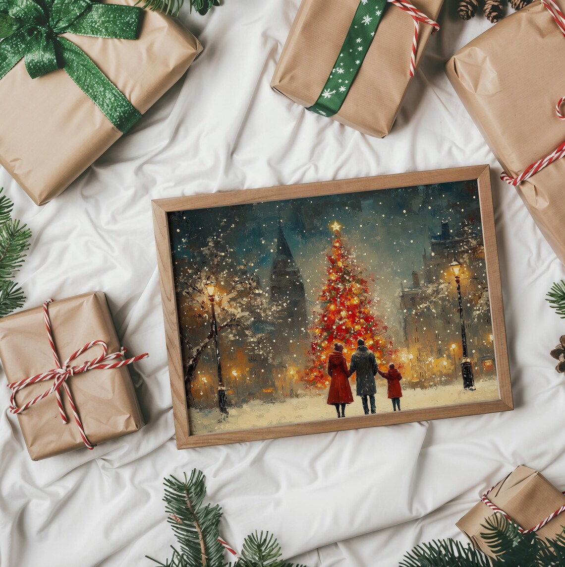 Family Walking Toward Lit Christmas Tree in Snowy Town Square Poster - Image 2