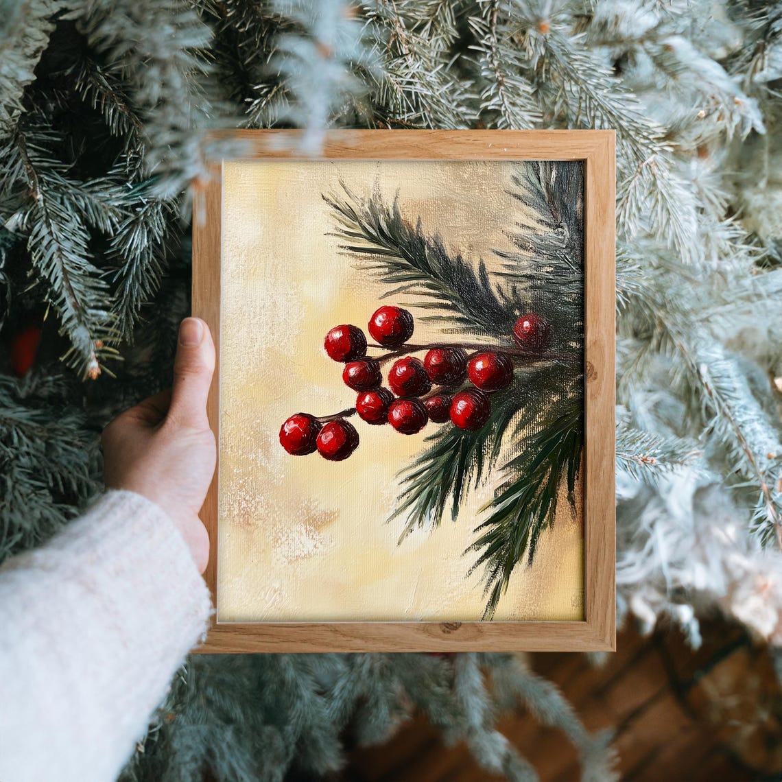 Bright Red Berry Cluster On Winter Evergreen Pine Branch Poster - Image 6