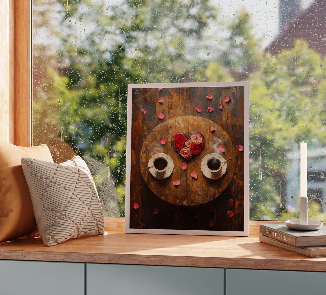Coffee For Two Heart Shaped Roses Top View Rustic Romance Wall Art - Image 3