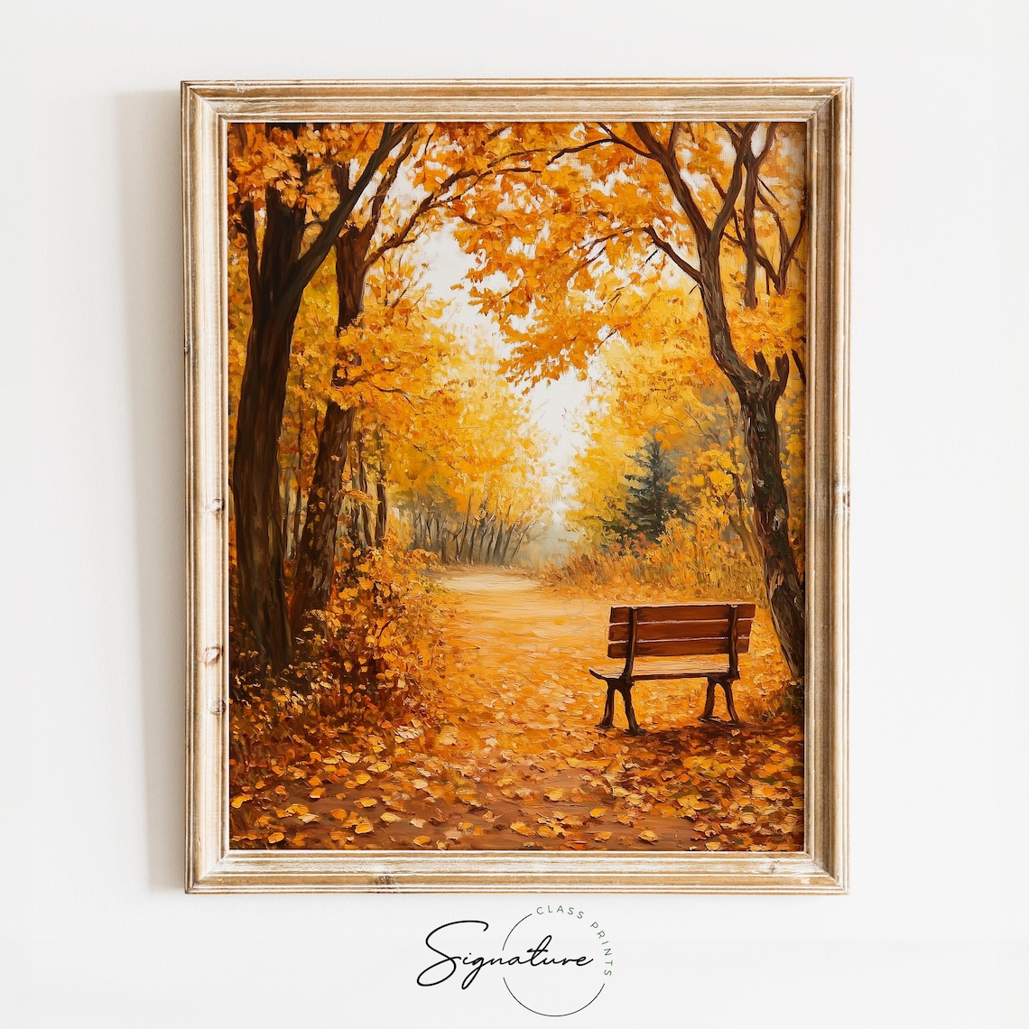 Solitary Wooden Bench Under Golden Trees Autumn Park Scene Art Poster