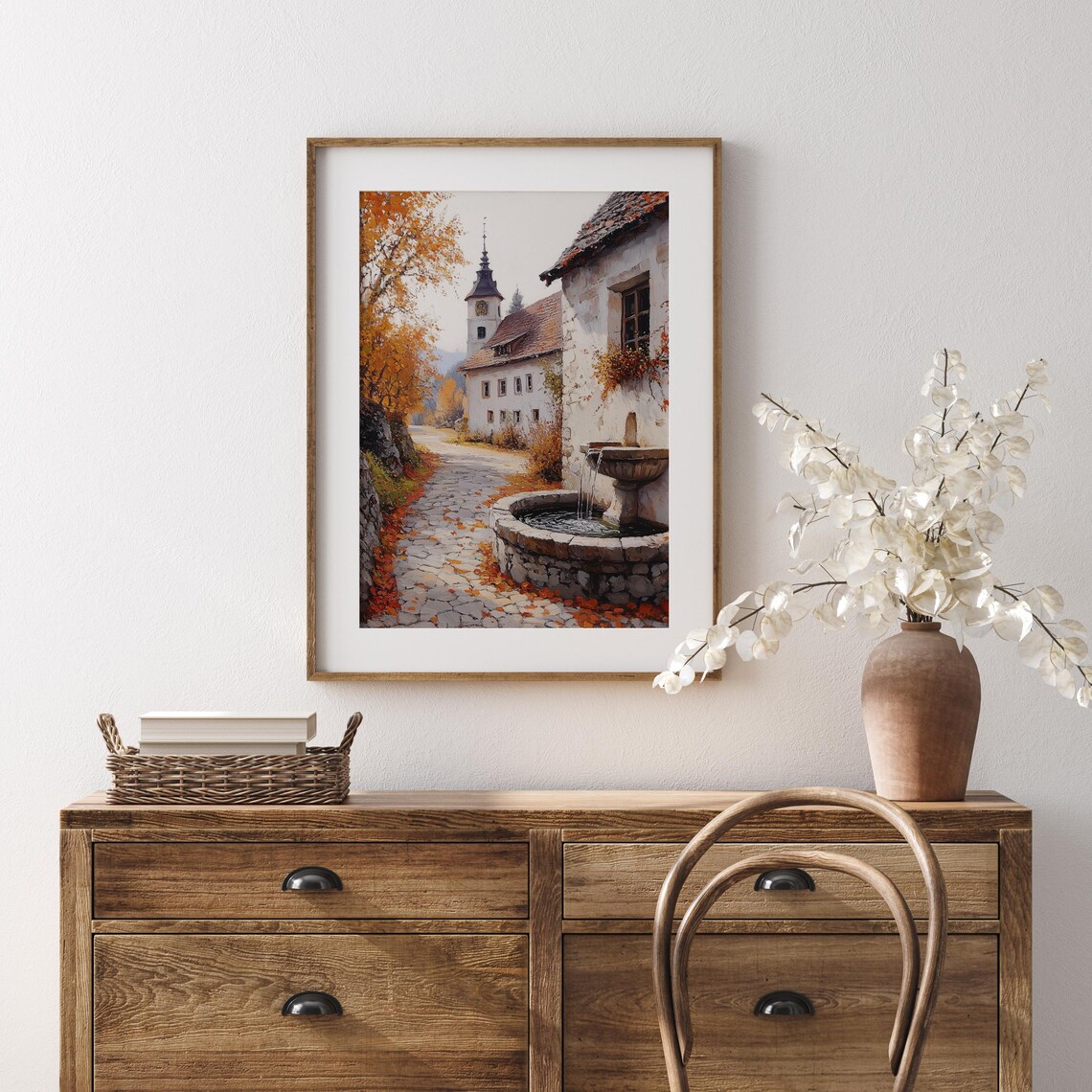 Old European Street With Stone Fountain and Clock Tower in Autumn Wall Art - Image 5