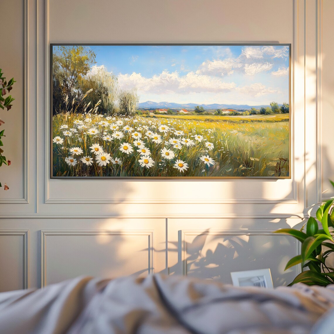 White Daisy Meadow Farmhouse Cottages Blue Sky Country Landscape Poster - Image 6