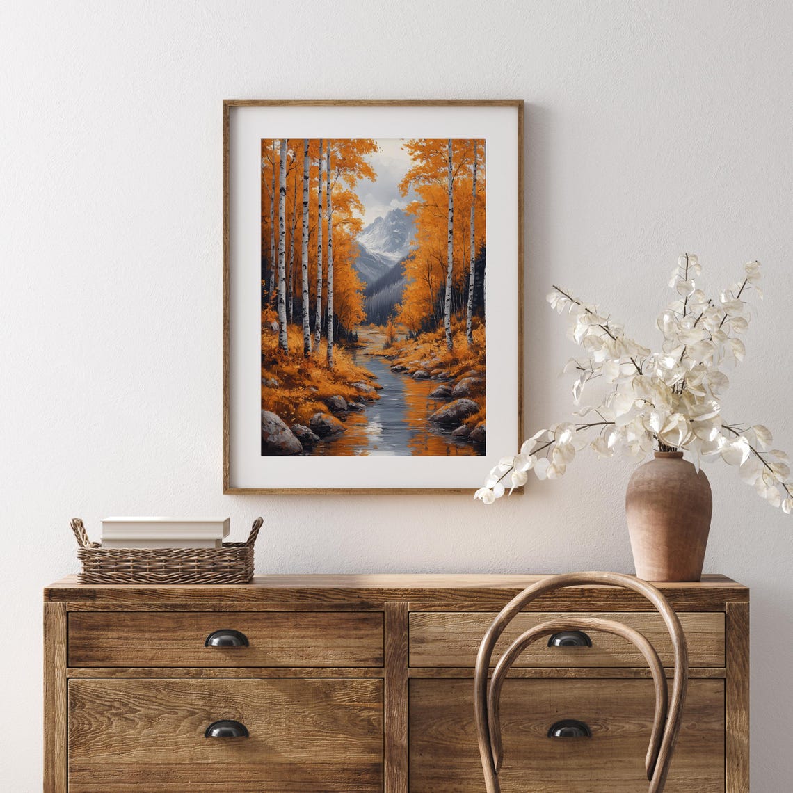 Autumn Birch Grove Stream Snowy Peaks Orange Reflections Poster - Image 5