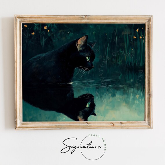 Black Cat Gazing at Its Reflection in Dark Mysterious Waters at Night Poster