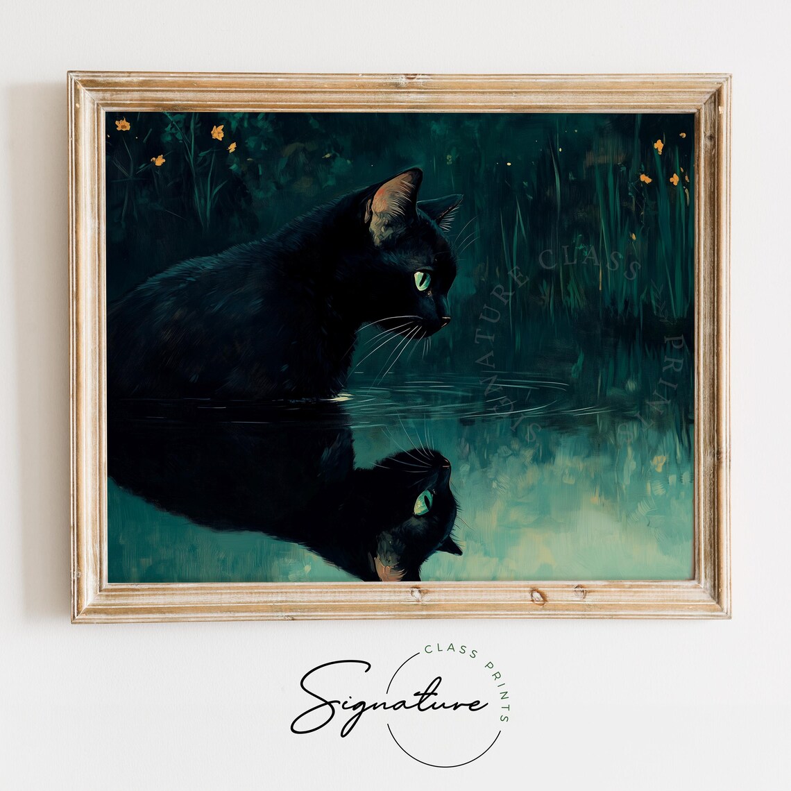 Black Cat Gazing at Its Reflection in Dark Mysterious Waters at Night Poster