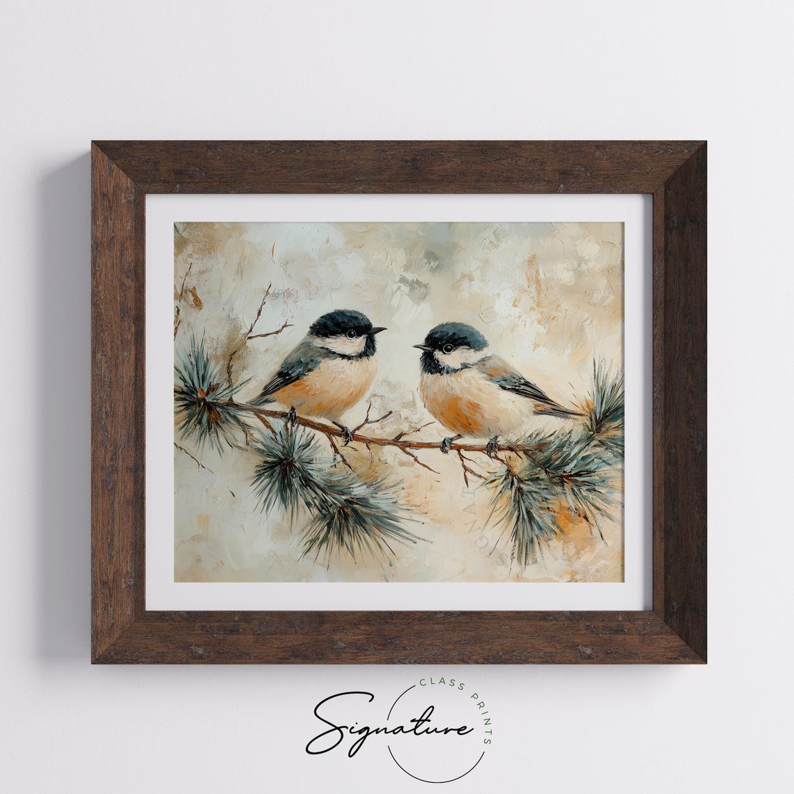 Pair Of Chickadees On A Pine Branch In Warm Winter Tones Poster - Image 5