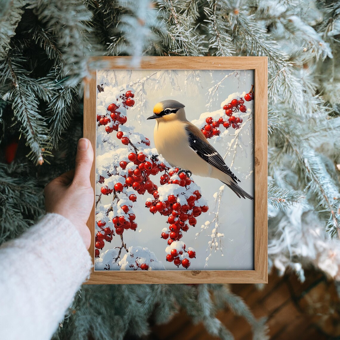 Bohemian Waxwing Resting On Snowy Branch With Red Berries Art Poster - Image 6