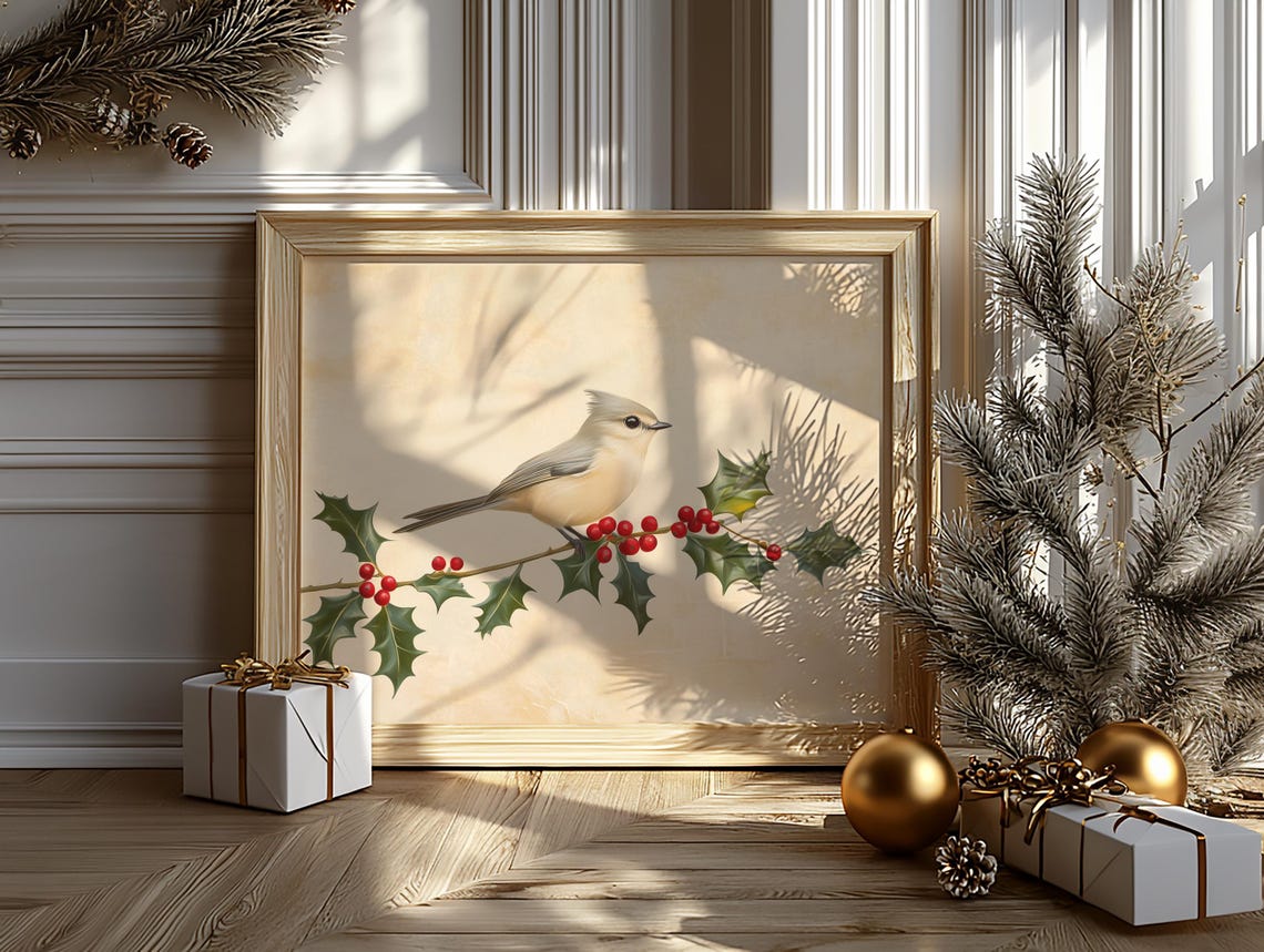 Tufted Titmouse on Holly Branch with Red Berries Bird Art Poster - Image 6