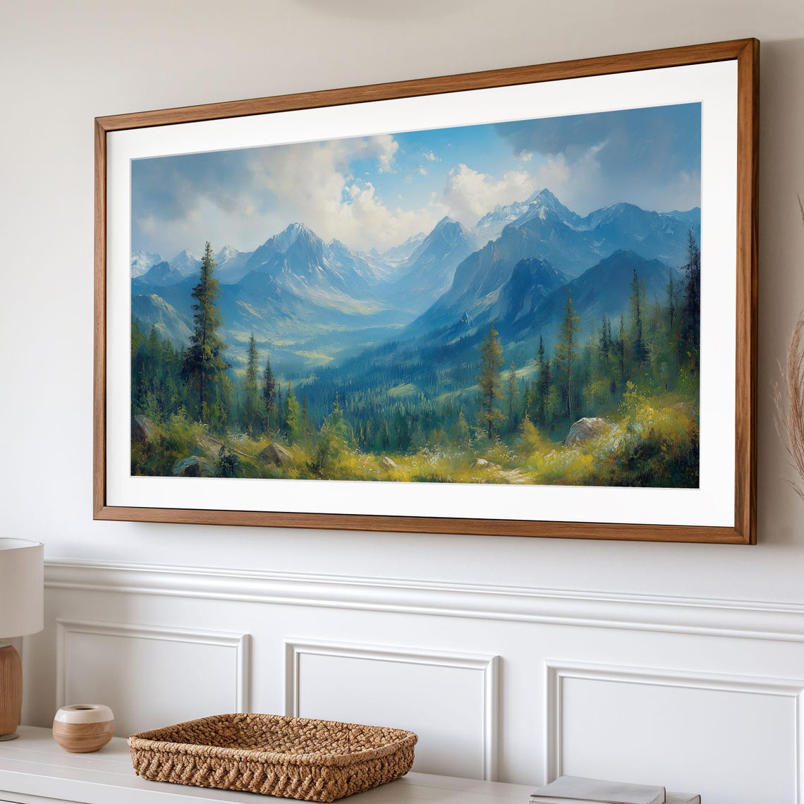Blue Mountain Valley With Tall Pines Serene Frame TV Wall Art - Image 2