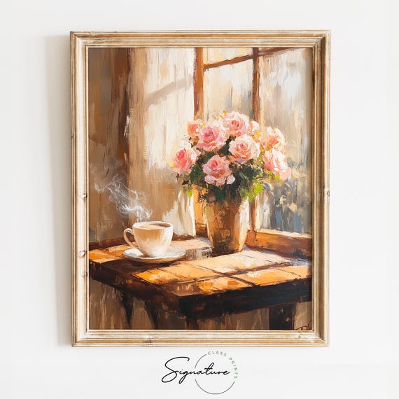 Coffee Shop Window With Roses, Vintage Cafe Art Print