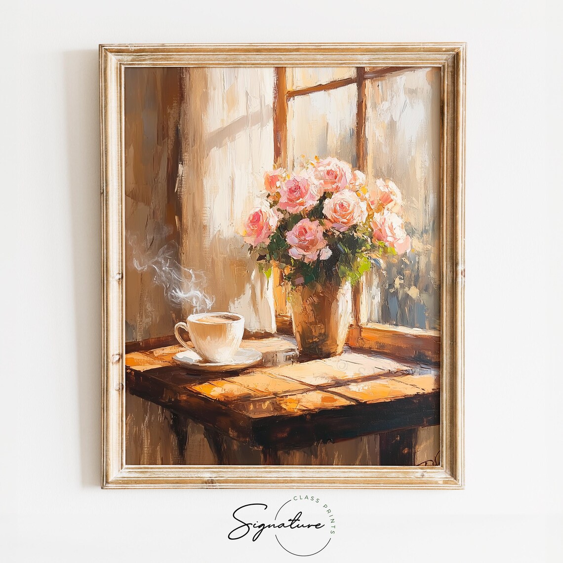 Coffee Shop Window With Roses, Vintage Cafe Art Print