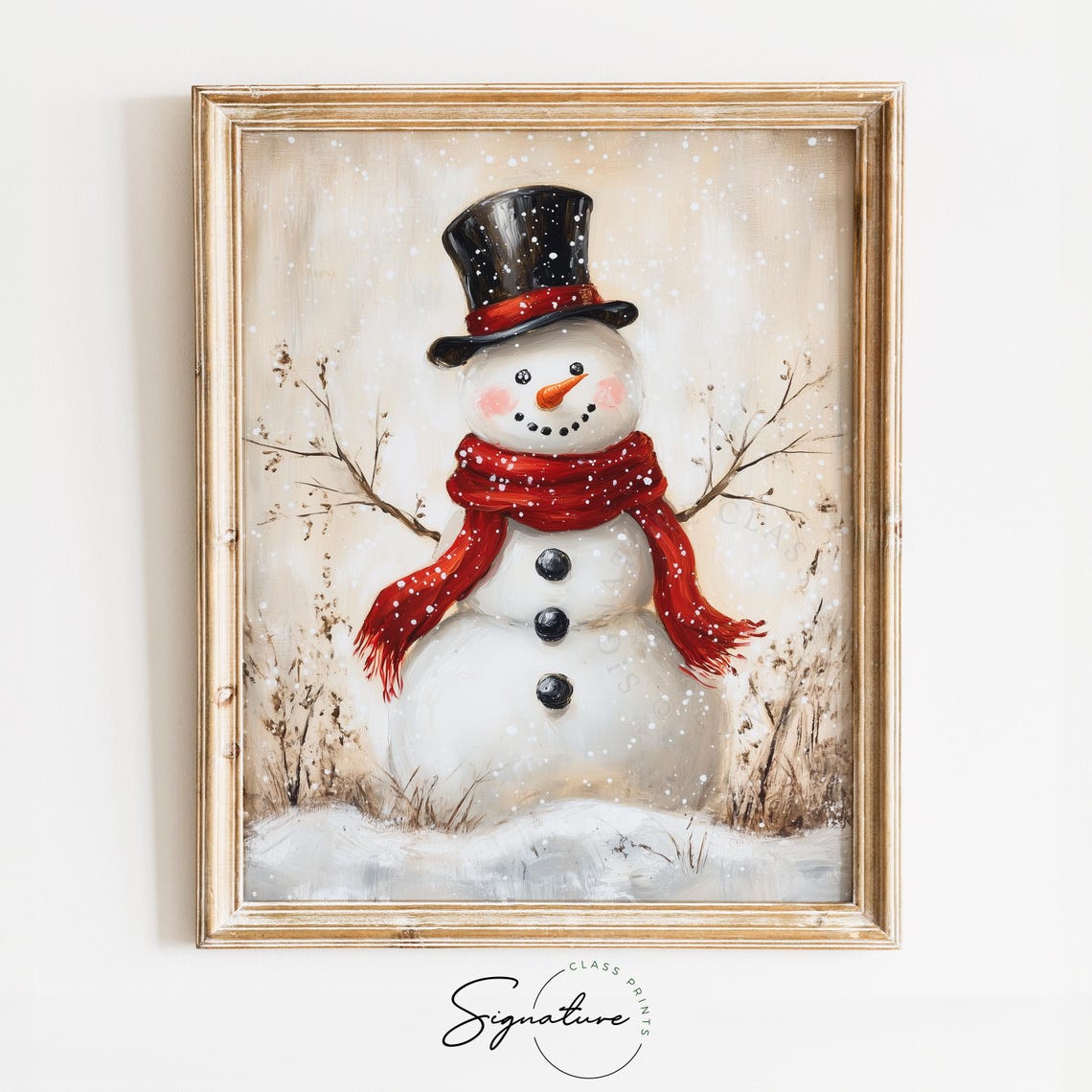 Cheerful Snowman with Red Scarf and Top Hat in Falling Snow Poster