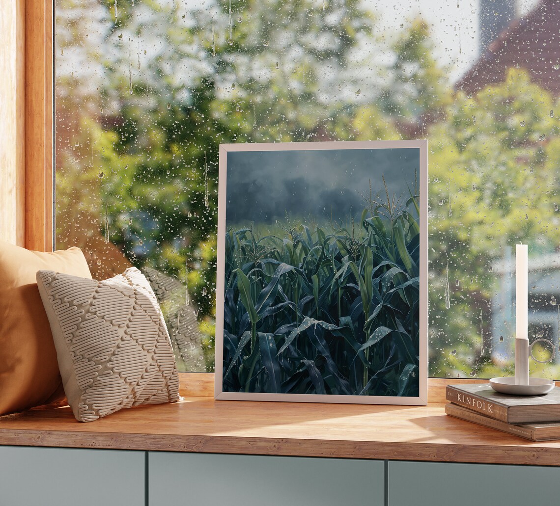Rainy Corn Field Storm Green Leaves Summer Shower Dramatic Nature Poster - Image 2