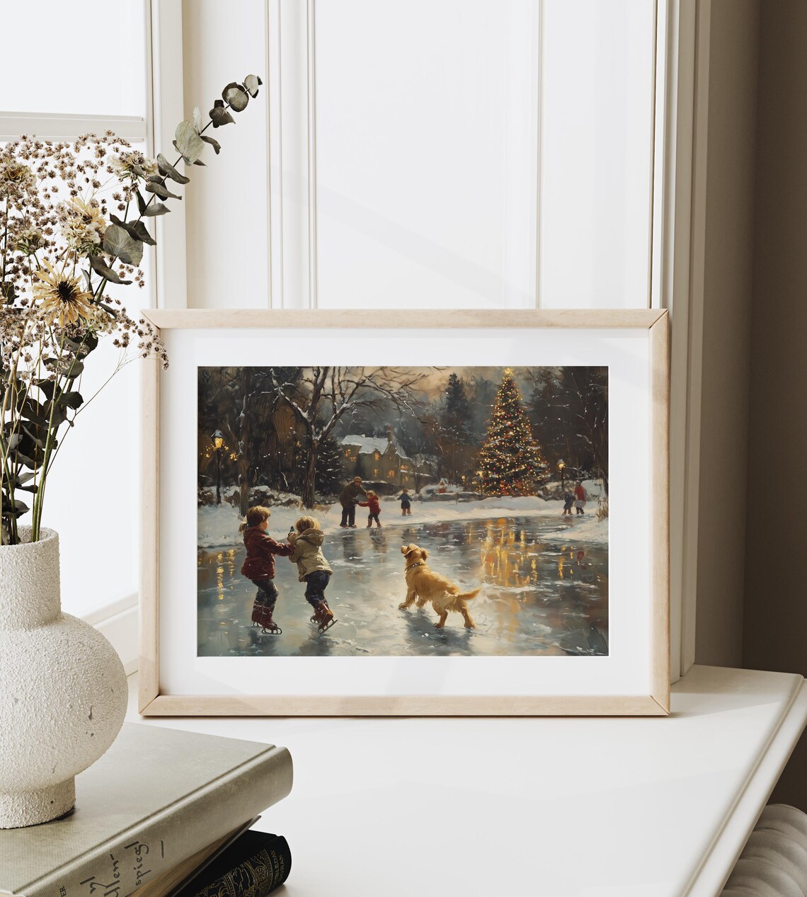 Children and Golden Retriever in Snow, Rustic Winter Art Print - Image 6