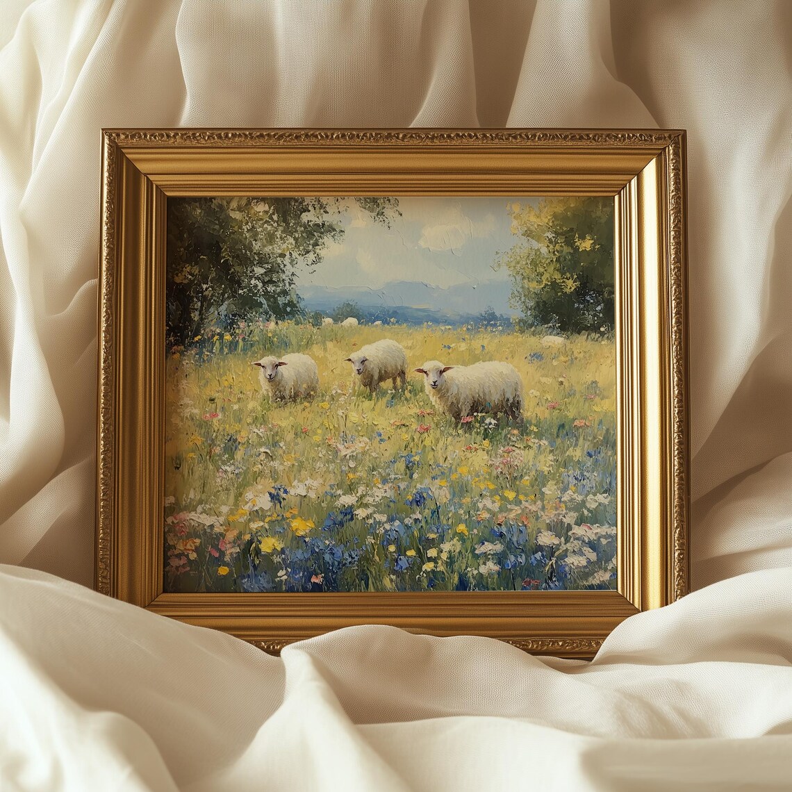 Lambs in Wildflower Meadow Art Print, Cottagecore - Image 5