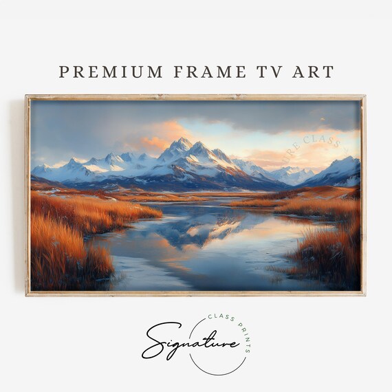 Snowy Mountain Range Lake Reflection Golden Grass Sunset Poster