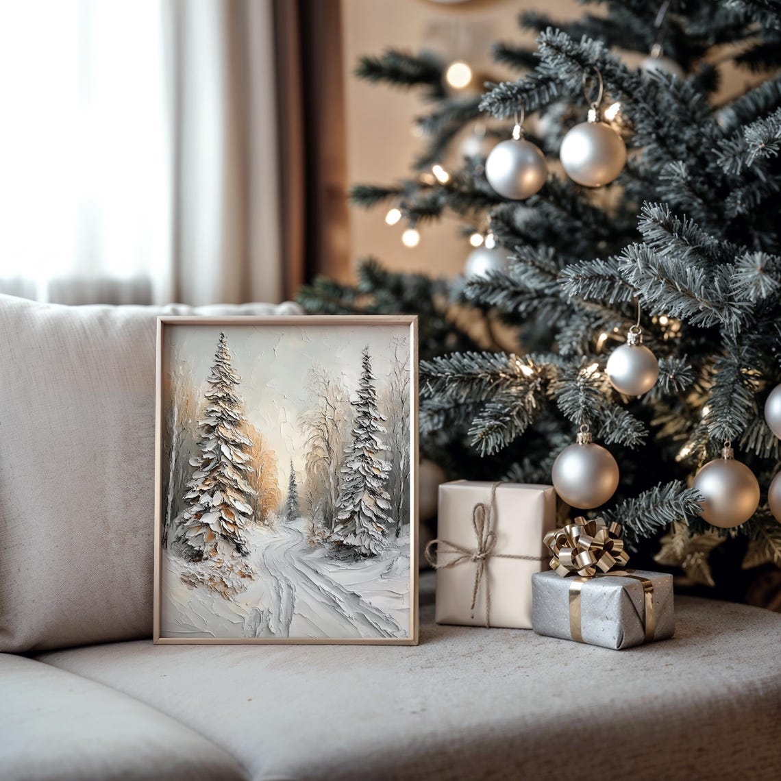 Thick Impasto Snowy Spruce Forest Path Textured Winter Poster - Image 5