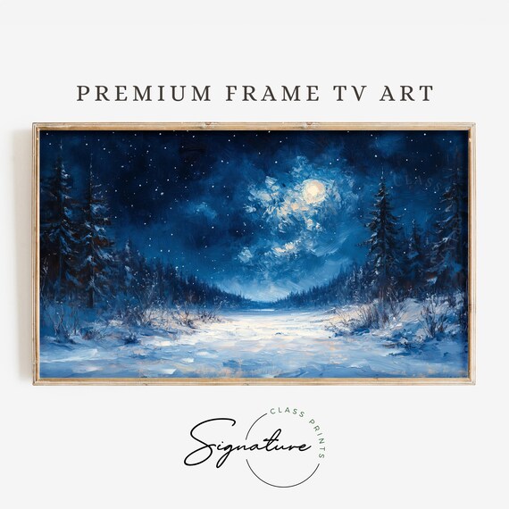 Starry Night Over Winter Landscape Tv Art Frame Tv Art Moody Nature Scene Deep Colors Painting 3444