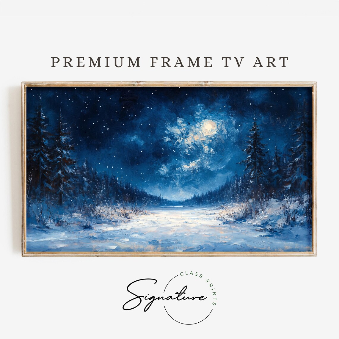 Moonlit Starry Night Over Snowy Forest Clearing Winter Night Art Poster