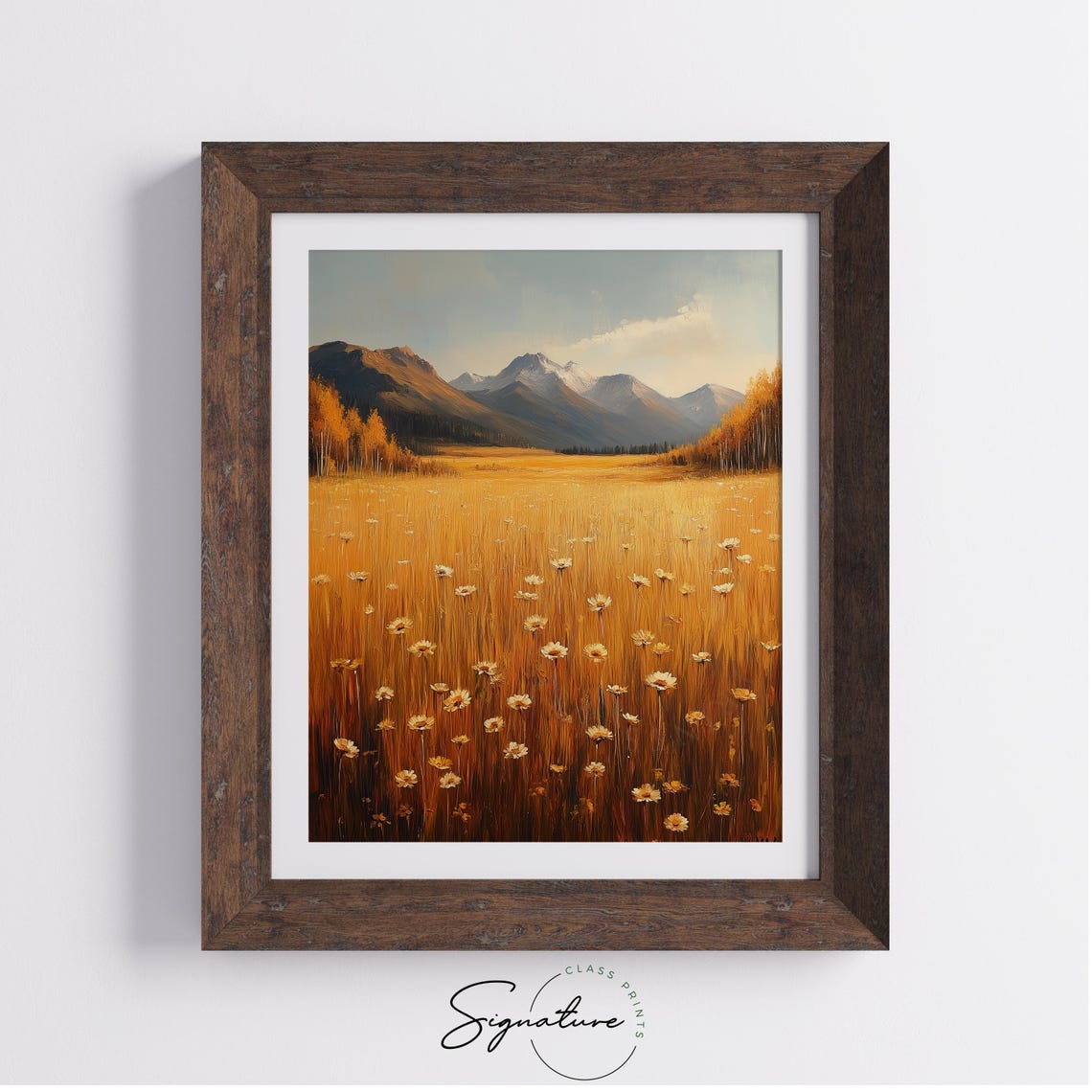 Golden Wildflower Field Mountain Valley Snowy Peak Landscape Print - Image 4